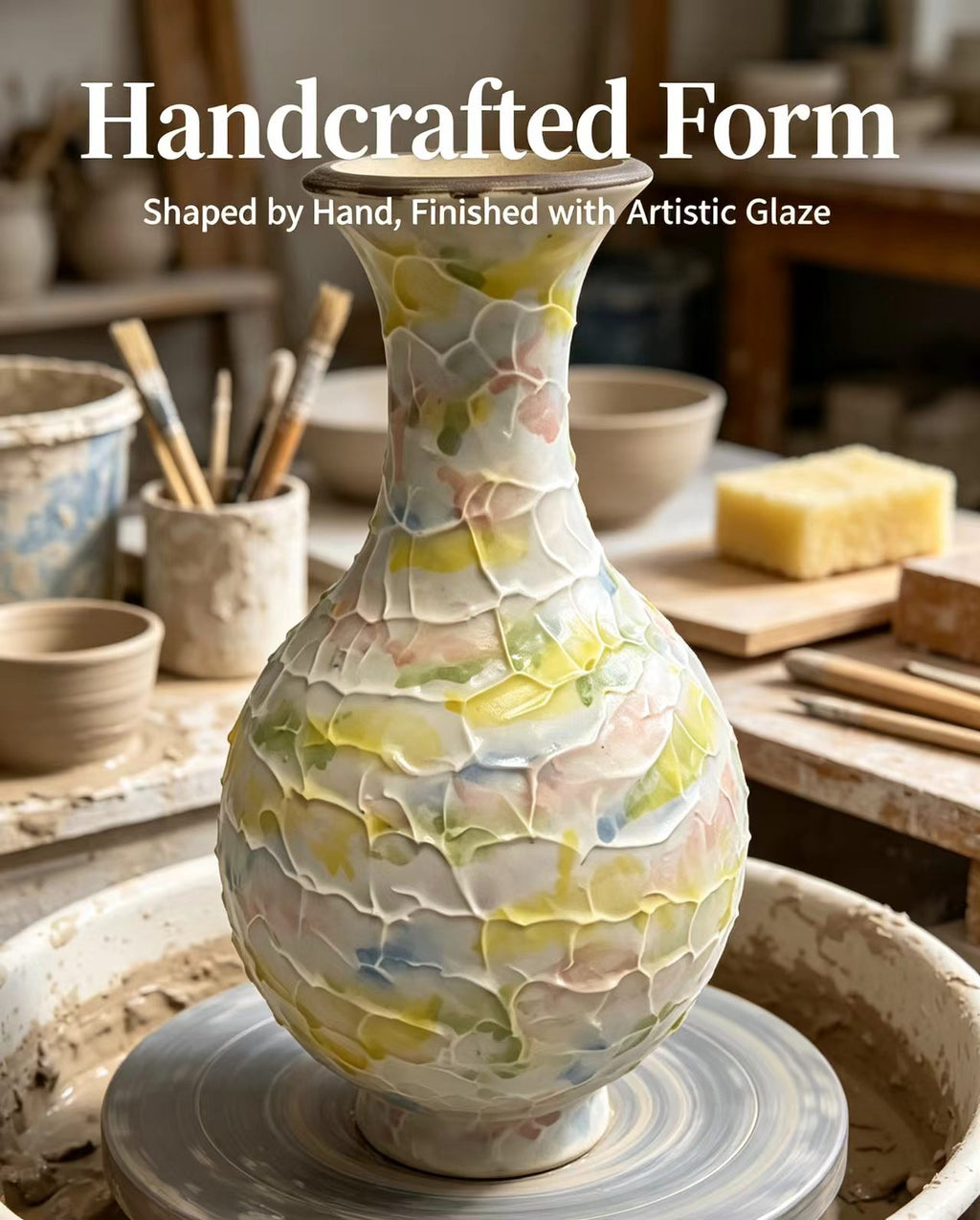 Hand-Thrown Pastel Ceramic Vase, Unique Crackled Textured Glaze Decorative Vase, Tabletop Centerpiece for Living Room Entryway Bedroom, Housewarming Gift