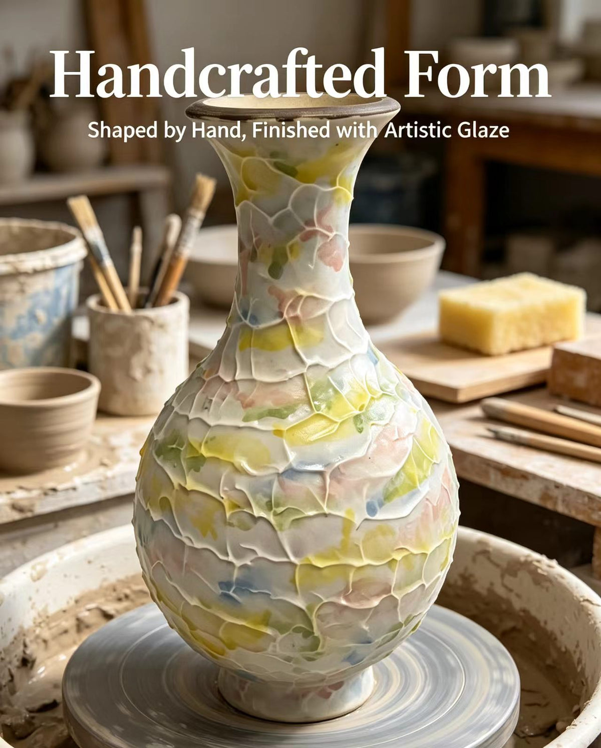 Hand-Thrown Pastel Ceramic Vase, Unique Crackled Textured Glaze Decorative Vase, Tabletop Centerpiece for Living Room Entryway Bedroom, Housewarming Gift